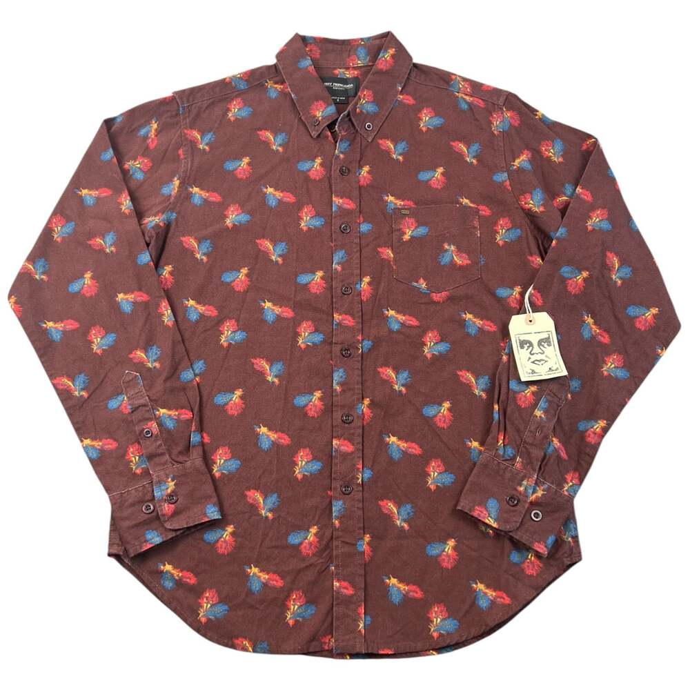NWT OBEY Propaganda Edger Burgundy Feather Button Up Shirt Size S